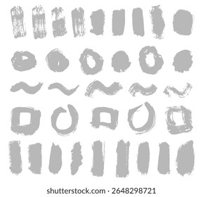 Vetor de traçado de pincel. Textura de tinta grunge com formas de tinta desenhadas à mão, lascas confusas e bordas ásperas. Conjunto abstrato de elementos artísticos para banner, esboço, design acrílico ou coleção de fundo sujo