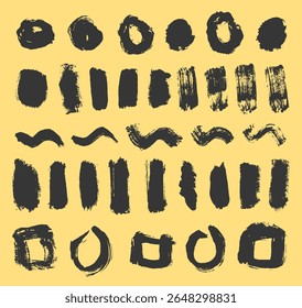 Vetor de traçado de pincel. Textura de tinta grunge com formas de tinta desenhadas à mão, lascas confusas e bordas ásperas. Conjunto abstrato de elementos artísticos para banner, esboço, design acrílico ou coleção de fundo sujo