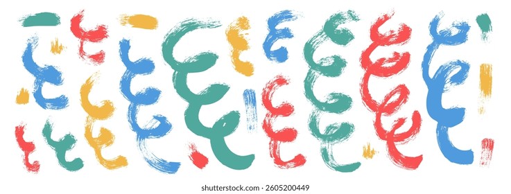 Brush stroke vector paint squiggles lines. Hand drawn kids confetti. Linear dye scribble elements set isolated on white background. Doodle party spirals celebration decoration..