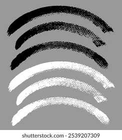 Brush stroke vector. Painted curves, arc lines, isolated. Grunge curvy backgrounds. Textured design elements. Black and white brush options