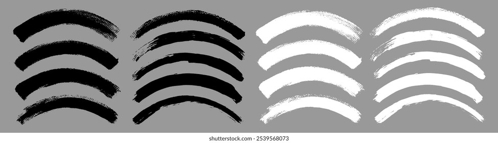Brush stroke vector. Painted curves, arc lines, isolated. Grunge curvy backgrounds. Textured design elements. Black and white brush options