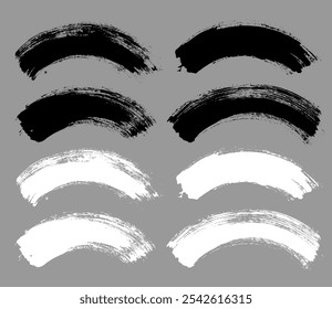 Vector de pincelada. Curvas pintadas, líneas de arco, aisladas. Fondos curvos de Grunge. Elementos de diseño texturizados. Opciones de pincel en blanco y negro