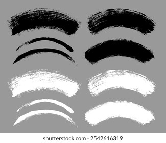 Brush stroke vector. Painted curves, arc lines, isolated. Grunge curvy backgrounds. Textured design elements. Black and white brush options