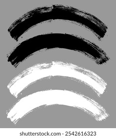 Vetor de traçado de pincel. Curvas pintadas, linhas de arco, isoladas. Planos de fundo de curvas Grunge. Elementos texturizados de design. Opções de pincel em preto-e-branco
