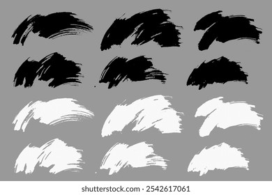 Vetor de traçado de pincel. Curvas pintadas, linhas de arco, isoladas. Planos de fundo de curvas Grunge. Elementos texturizados de design. Opções de pincel em preto-e-branco