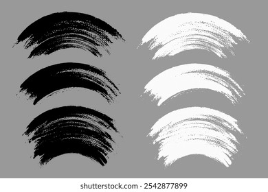 Vetor de traçado de pincel. Curvas pintadas, linhas de arco, isoladas. Planos de fundo de curvas Grunge. Elementos texturizados de design. Opções de pincel em preto-e-branco