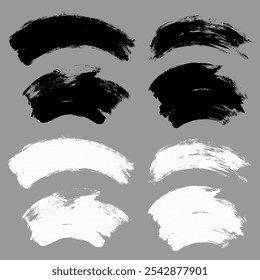 Brush stroke vector. Painted curves, arc lines, isolated. Grunge curvy backgrounds. Textured design elements. Black and white brush options