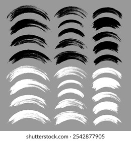 Brush stroke vector. Painted curves, arc lines, isolated. Grunge curvy backgrounds. Textured design elements. Black and white brush options