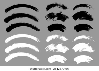 Brush stroke vector. Painted curves, arc lines, isolated. Grunge curvy backgrounds. Textured design elements. Black and white brush options