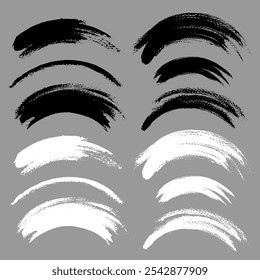 Brush stroke vector. Painted curves, arc lines, isolated. Grunge curvy backgrounds. Textured design elements. Black and white brush options