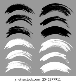 Brush stroke vector. Painted curves, arc lines, isolated. Grunge curvy backgrounds. Textured design elements. Black and white brush options