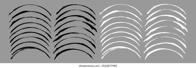 Brush stroke vector. Painted curves, arc lines, isolated. Grunge curvy backgrounds. Textured design elements. Black and white brush options