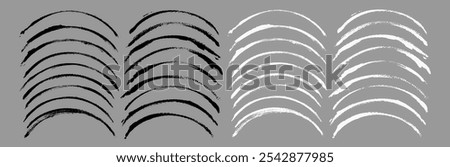 Brush stroke vector. Painted curves, arc lines, isolated. Grunge curvy backgrounds. Textured design elements. Black and white brush options