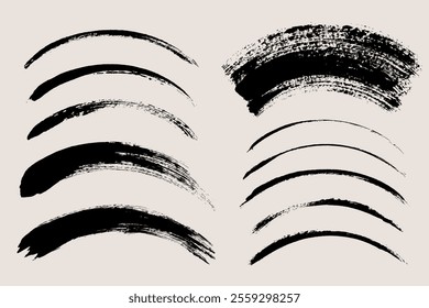 Brush stroke vector. Thick and thin painted curves, isolated on white background. Grunge textured arched design elements