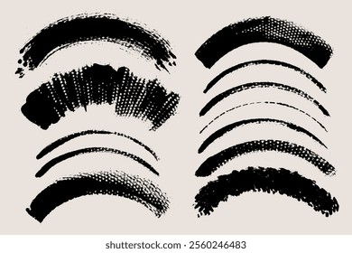Brush stroke vector. Thick and thin painted curves, isolated on white background. Grunge textured arched design elements