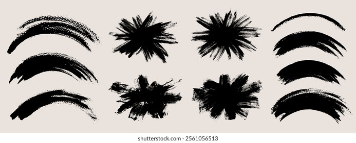 Brush stroke vector. Thick and thin painted curves and burst shapes, isolated on white background. Grunge textured arched design elements