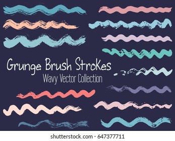 Brush stroke wave vector collection. Bent hand drawn brushstrokes illustration. Set of paint brush curves for summer holiday pattern. Blue, green, pink wavy stripes, lines on dark background.