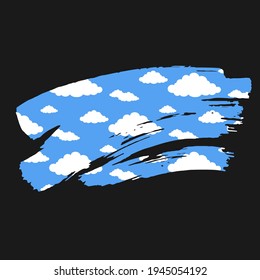 Brush stroke with white flat cloud pattern on blue sky background. Vector illustration