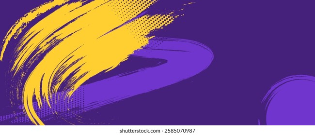 Brush stroke yellow and purple abstract sports background with grunge texture, and halftone effect