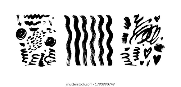 Brush stroke, zebra stripe, heart isolated. Ink painting. Cute, funny sketch. Children, kids hand drawing. Geometric elements. Set collection. Vector black and white, monochrome. Trendy modern artwork