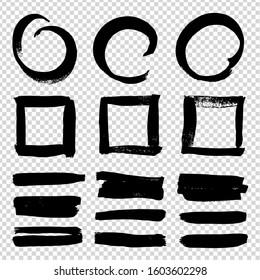 Brush strokes abstract short straight, circular and square shape isolated on imitation transparent background