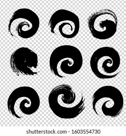 Brush strokes abstract spiral different shapes isolated on imitation transparent background