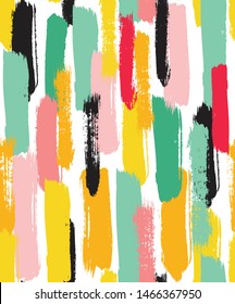 Brush strokes abstract vector pattern with hand painted texture. Colorful seamless background in bright colors. Trendy print design in pink, black, yellow, green and red.black.