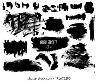 Brush strokes and backgrounds set. Dirty spots and textured elements isolated on white background. Black trendy hatches for banners, buttons and prints.