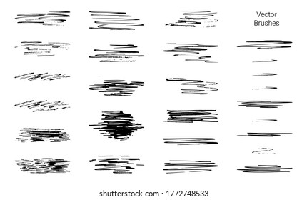 Brush strokes, black ink lines, vector abstract set with hand drawn paint brush grunge texture on white background. Doodle style. Collection modern abstract elements for background, posters, template