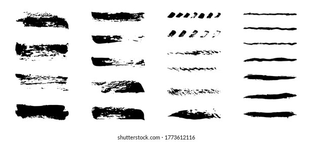 Brush strokes, black ink lines, vector abstract set with hand drawn paint brushes, grunge texture on white background. Doodle style. Collection modern abstract elements for background, posters