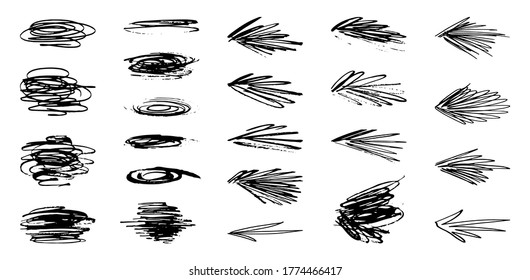 Brush strokes, black ink lines. Vector abstract set with hand drawn paint brushes. Grunge texture on white background. Doodle style. Collection modern abstract elements for background, posters