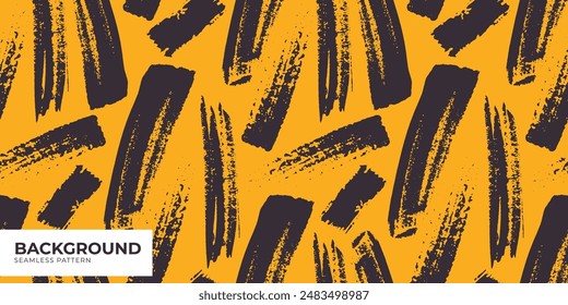 Brush strokes, black on yellow. Vector illustration, seamless pattern. Grunge doodle ornament. Random spots. Abstraction for background, sports textiles, packaging, wallpaper