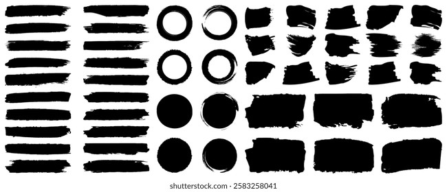 Brush strokes, Black paint backgrounds and splatters, grunge black paint, ink brush strokes. grunge backdrop, dirt banner,watercolor design and dirty texture. paint brush collection isolated on white 