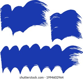 Brush strokes with a blue grunge brush. Splashes of ink, rough hand-drawn lines, pink, green, purple, elements of artistic design. A set of vector brushes.