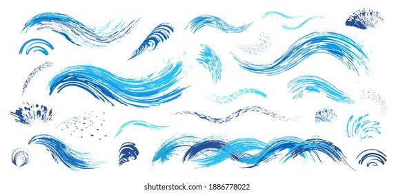 Brush strokes. Blue waves, water spray. Vector abstract set with hand drawn paint brushes. Grunge artistic texture. Doodle style. Collection modern abstract elements for sea background, cards