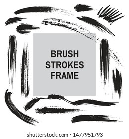 Brush strokes border frame - concept background banner template for text. Dirty artistic design elements. Ink black color. Vector illustration. 