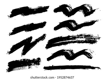 Brush strokes bundle. Vector lines, zig zag lightning, wave shapes. Paintbrush set. Painted grunge design elements. Dirty distress texture. Black and white 