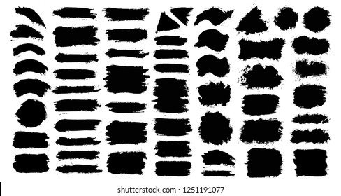 Brush strokes bundle. Vector paintbrush set. Round grunge design elements. Long text boxes. Dirty distress texture banners. Ink splatters. Grungy painted objects.