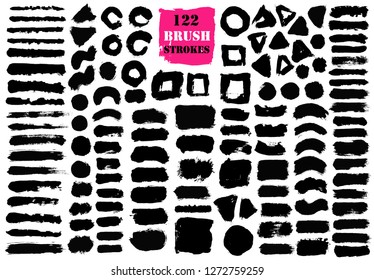 Brush strokes bundle. Vector paintbrush set. Round triangle square circle rectangle grunge design elements. Long text boxes. Dirty distress texture banners. Ink splatters. Grungy painted objects. - Shutterstock ID 1272759259