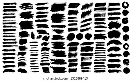 Brush strokes bundle. Vector paintbrush set. Round rectangle diagonal grunge design elements. Long text boxes. Dirty distress texture banners. Ink splatters. Grungy painted objects.