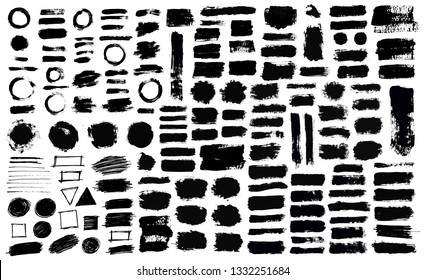 Brush strokes bundle. Vector paintbrush set. Round triangle square circle rectangle grunge design elements. Long text boxes. Dirty distress texture banners. Ink splatters. Grungy painted objects.