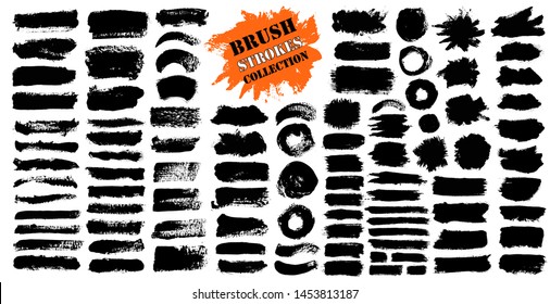 Brush strokes bundle. Vector paintbrush set. Circle frames. Round grunge design elements. Rectangle, square and burst text boxes. Dirty distress texture banners. Ink splatters. Grungy painted lines