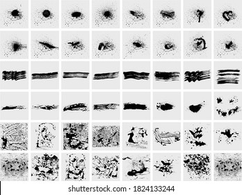 Brush strokes bundle. Vector paintbrush set. Round grunge design elements. Rectangle, square and burst text boxes. Dirty distress texture banners. Ink splatters.  
