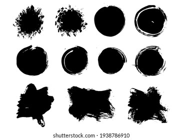 Brush strokes bundle. Vector paintbrush set. Round text boxes and grunge blotches. Splatters design elements. Dirty distress texture banners. Ink painted shapes