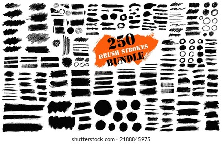 Brush strokes bundle. Vector paintbrush set. Circle frames. Round grunge design elements. Rectangle, square and burst text boxes. Dirty distress texture banners. Ink splatters. Grungy painted lines