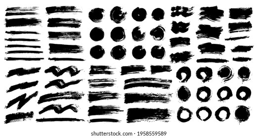 Brush strokes bundle. Vector paintbrushes set. Grunge design elements. Rectangle text boxes, round speech bubbles, circle frames, messy lines. Dirty distress texture banner. Grungy painted objects
