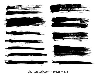 Brush strokes bundle. Vector thin lines. Paintbrush set. Painted rectangle and long shapes. Grunge design elements. Dirty distress texture. Black and white 