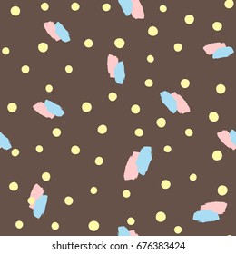 Brush strokes and circles drawn by hand. Abstract seamless pattern. Grunge, sketch. Brown, yellow, blue, pink. Vector illustration.