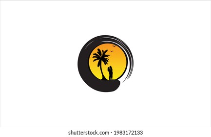 Brush Strokes Circles Of Paint with Young Couple love Romance at beach icon logo design vector illustration
