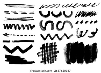 Brush strokes collection. Black ink paint brushes, grunge brush elements, wave, circle, line. Rough acrylic brush silhouette set 